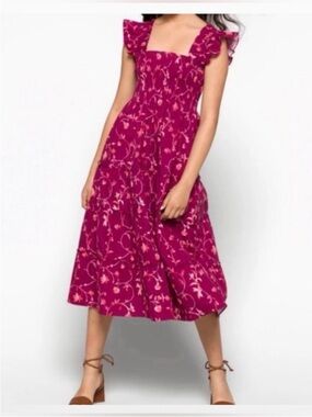 Hill House Home The Ellie Nap Dress Pink Floral Smocked Midi Wedding Guest XXS